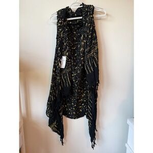 WIG Sarong Vest Black Gold Scroll Print Fringe Hand Made Boho Wrap One Size
